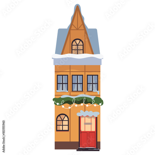 Christmas building in snow, decorated for holiday.  Christmas winter old building  with festive ornament, decoration. Europe home facade. Flat vector illustration