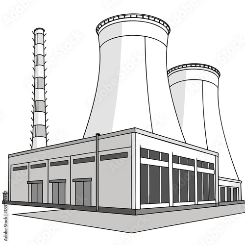 Industrial power plant with cooling towers and a tall smokestack representing energy production and industry