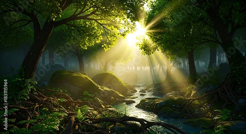 Sun Rays Illuminating Forest Stream