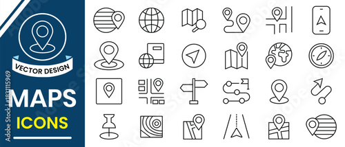 Maps line icon set. Location and navigation icon vector set. Containing location, navigation, GPS, city map,  route, atlas, direction, pin and more. Vector illustration.