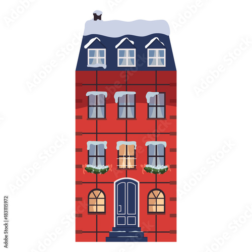 Christmas building in snow, decorated for holiday.  Christmas winter old building  with festive ornament, decoration. Europe home facade. Flat vector illustration