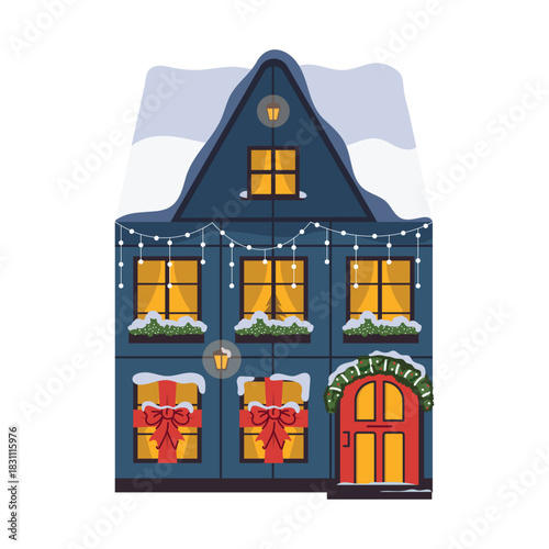 Christmas building in snow, decorated for holiday.  Christmas winter old building  with festive ornament, decoration. Europe home facade. Flat vector illustration