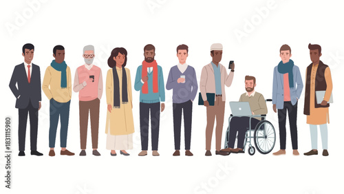 Several diverse male characters standing in a row, illustrated in a modern flat vector style.