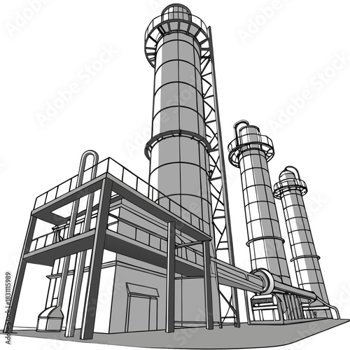 Industrial complex with tall cylindrical towers and connecting pipes against a white background