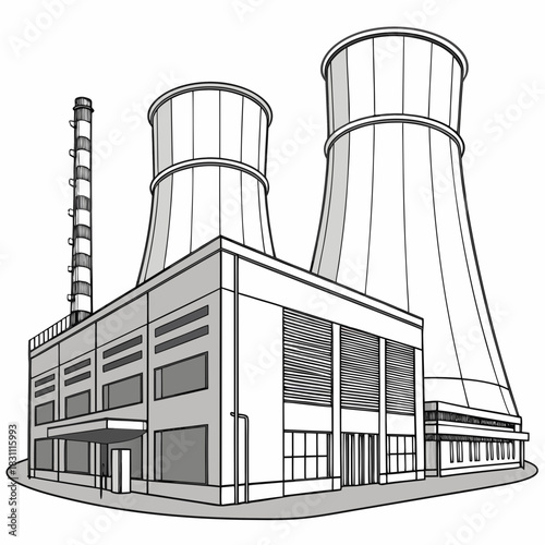 Industrial power plant with cooling towers and a tall smokestack rendered in a clean line art style