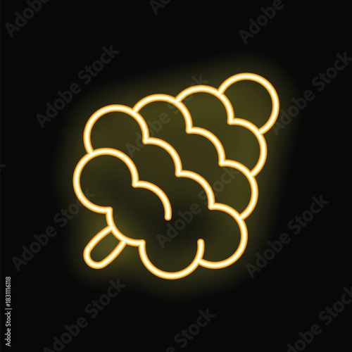 Bright yellow neon sign depicting japanese dango dessert on a stick on black background