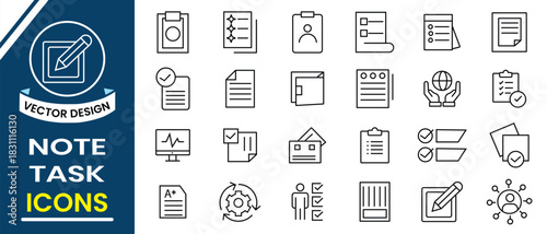 Notes and Tasks icon set collection. Set of thin line notes and tasks icons symbol. Task completed, progress, organize, unfinished, deadline, milestone, delay, edit document, batch processing vector.