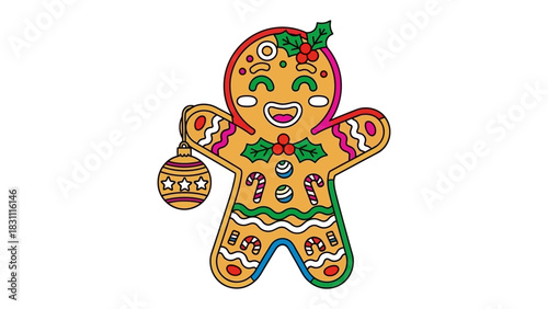 Festive Gingerbread Man: A joyful gingerbread man, adorned with intricate icing and holly, radiates holiday cheer, holding a decorative ornament and inviting festive spirit. 