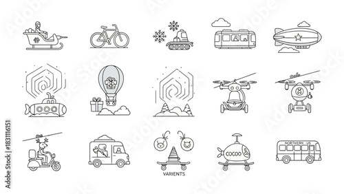 Transportation Collection: A curated set of diverse transportation icons, each meticulously crafted in a clean line style. Showcasing an array of vehicles from different eras and modes.