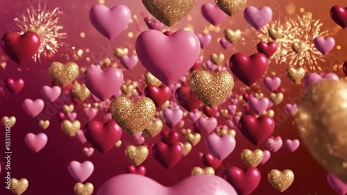 Romantic heart shapes floating animation with glitter and bokeh effect background
