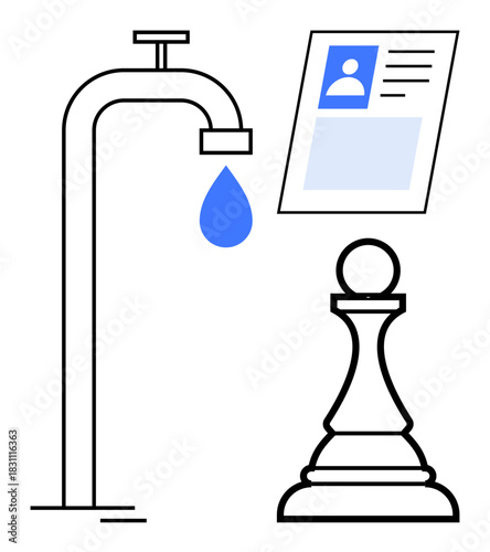 Data security concept. Visualizing data leakage risks and protection with faucet, personal ID, and chess pawn elements. Data security for identity verification, online safety, and strategic systems
