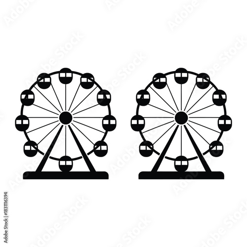 Two iconic Ferris wheels stand against a plain background