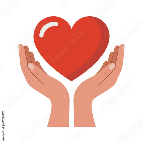 Two cupped hands gently hold a red heart symbolizing care and love.