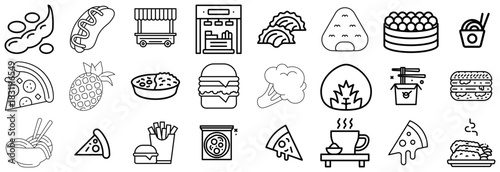 Collection of Diverse Food and Drink Icons in Black and White