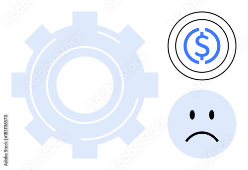 Economy concept. Gear and dollar symbols depict productivity and finance, complemented by a sad face economic struggles. Economy challenges, industry growth, efficiency, financial management