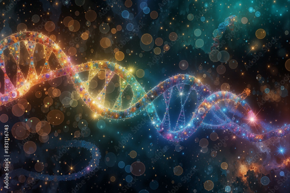 Fototapeta premium Colorful dna double helix against cosmic background, illustrating genetic diversity and complexity
