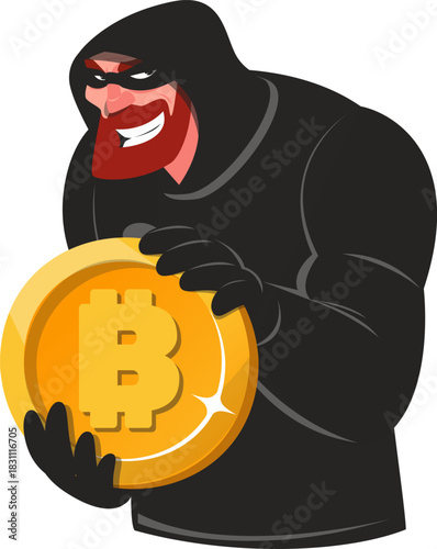 Thief in black mask holds Bitcoin cryptocurrency