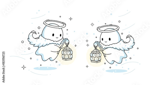 Guardian Spirits with Lanterns: Delicate celestial beings float gracefully in a tranquil realm, each bearing a glowing lantern, illuminating the path and embodying guidance.