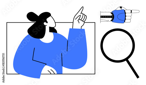 Woman gesturing upward with confidence, robotic hand pointing direction, large magnifying glass emphasizing focus and discovery. Ideal for innovation, robotics, teamwork, strategy, research