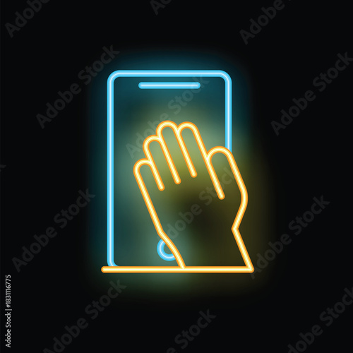 Neon sign depicting a hand interacting with a smartphone screen, representing mobile technology and user interface