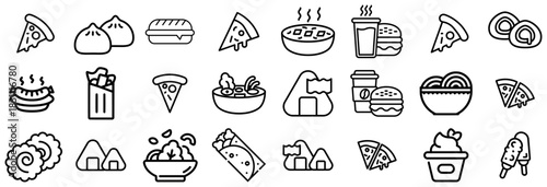 Diverse Collection of Fast Food and Snack Icons in Outline Style