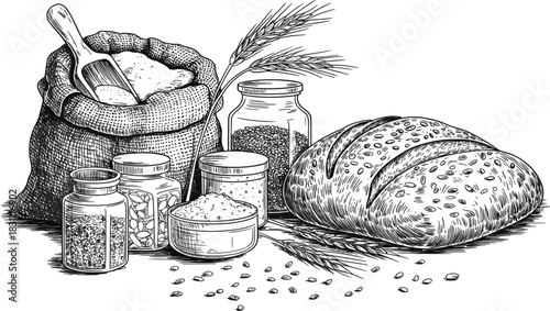 Bread, Flour, and Grain Engraving Vector Set, Bakery Ingredient Sketch, Vintage Woodcut Illustration of Wheat and Seeds, Food Production Graphic