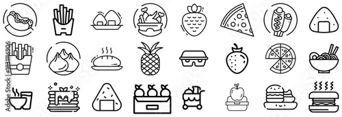 Diverse Food Icons From Fast Food to Fruits and Asian Delicacies