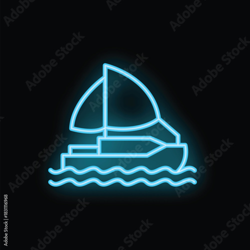Blue neon sign of a sailboat sailing on stylized waves, on a black background