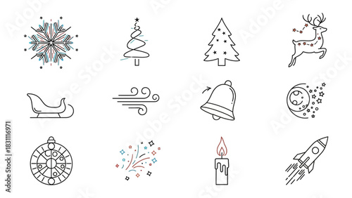 Holiday Symbols: A collection of festive line drawings representing the joy and wonder of the holiday season, evoking a sense of celebration and seasonal delight.