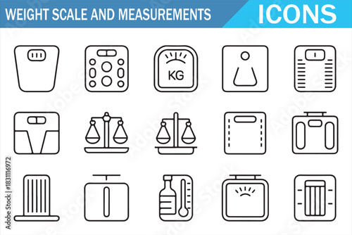Editable Stroke Weight Scale and Measurement Line Icons Set with Bathroom Scale, Digital Scale, Balance, Luggage Scale and Weighing Symbols for Web and App Design