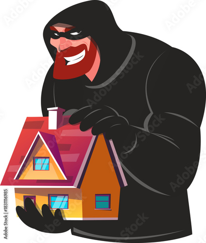 man wearing black mask is holding house in  hands, criminal is stealing housing