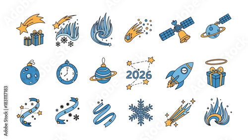 Cosmic Holiday Cheer: A collection of festive space-themed illustrations, from radiant comets and swirling nebulae to gift boxes, stars, Christmas ornaments, and rockets.