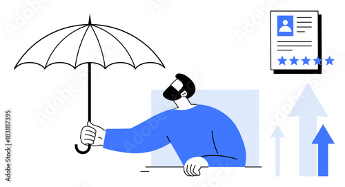 Man holds umbrella representing protection and safety, beside a document with star ratings and upward arrows symbolizing success, improvement, and positive progression. Ideal for business security