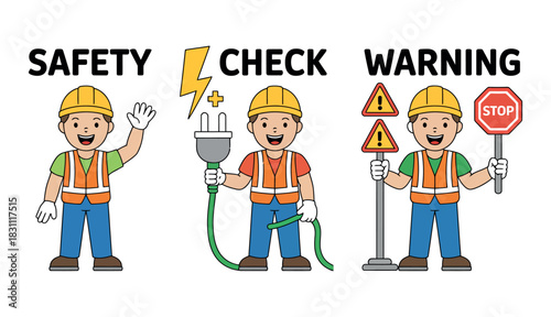 Cartoon construction worker illustrates safety checks, electrical warnings, and traffic signs, promoting workplace safety and hazard awareness.