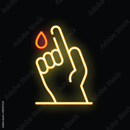 Glowing neon line icon of a hand taking a blood sample with a drop