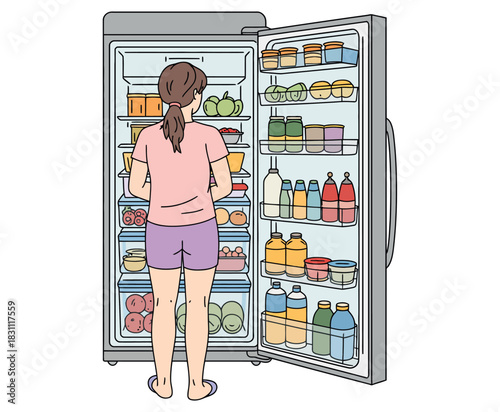A person stands in front of an open refrigerator filled with various food items and drinks.