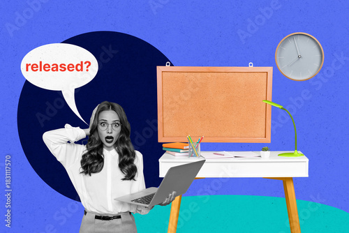Vászonkép Creative art photo collage of shocked businesswoman hold laptop released bubble