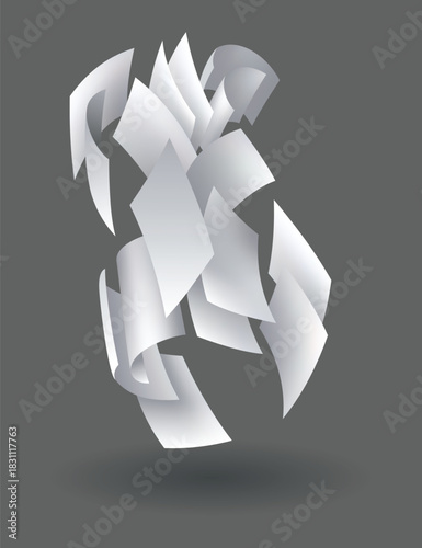 Falling paper sheets. Set of flying curved leaves of paper. Vector loose soar of notes with curled edges. Fly scattered notes, empty chaotic paperwork