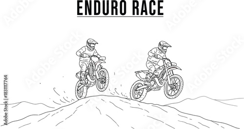 Two enduro racers speeding over a dirt track in a black and white illustration