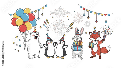 Party Time: A cheerful cartoon illustration featuring a collection of animated animals, each adorned with festive party hats and surrounded by balloons, fireworks, and decorative banners.
