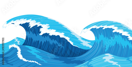 Ocean waves, splash water, marine sea storm element. Blue sea or ocean wave with spray, foam on crest. Vector illustration
