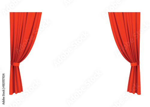 Red curtains realistic. Theater fabric silk decoration for movie cinema or opera hall. Curtains and draperies interior decoration object. Isolated on transparent for theater stage