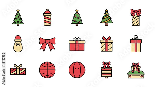 Festive Holiday Elements: A collection of charming Christmas icons, with vibrant festive trees, gift box, baubles, bow, and other decorative elements. Perfect for seasonal designs and celebrations.