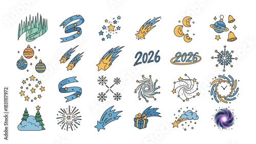 Whimsical Festive Icon Set: A collection of charming hand-drawn illustrations that radiate the joy and anticipation of the holiday season, with a touch of cosmic wonder. 