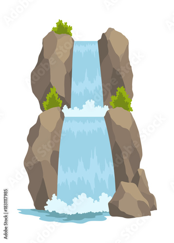 Cartoon river cascade waterfall. Landscape with mountains and trees. Design element for travel brochure or illustration mobile game. Fresh natural water