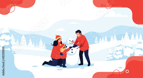 Happy family builds a snowman together in a serene winter wonderland, enjoying the snowy landscape and creating fun memories.