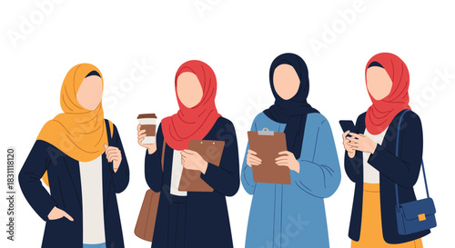 Four professional Muslim women wearing hijabs, holding various items, stand together, representing modern careers and diversity.