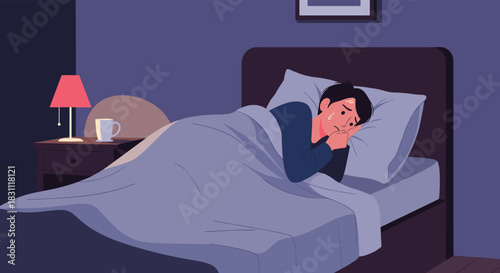 A man lies awake in bed at night, visibly distressed and tearful, experiencing sadness, anxiety, or insomnia in the dark room.