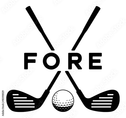 Golfing “Fore” word design featuring crossed clubs and central golf ball, creating a bold athletic emblem ideal for sports graphics, apparel prints, tournament branding, signage, and modern vector art
