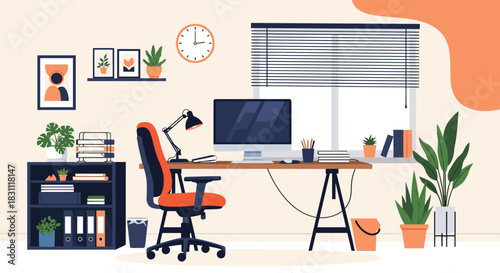 Stylish and well-lit home office interior featuring a contemporary desk, computer, ergonomic chair, and decorative plants.